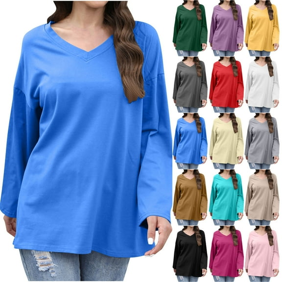 Horkkom Womens Long Sleeve T Shirts Solid Color V Neck Tops Casual Loose Undershirt S, Gifts for Women