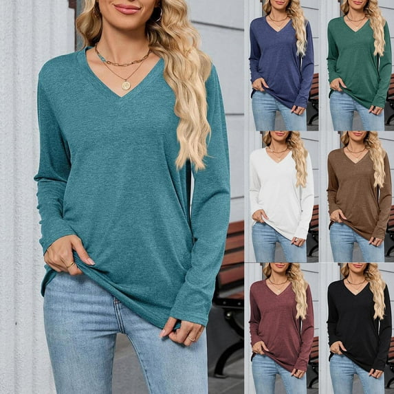 Horkkom Womens Long Sleeve Tops Casual V Neck Solid Color Undershirts Soft Comfy Tunic Tops M, Gifts for Women