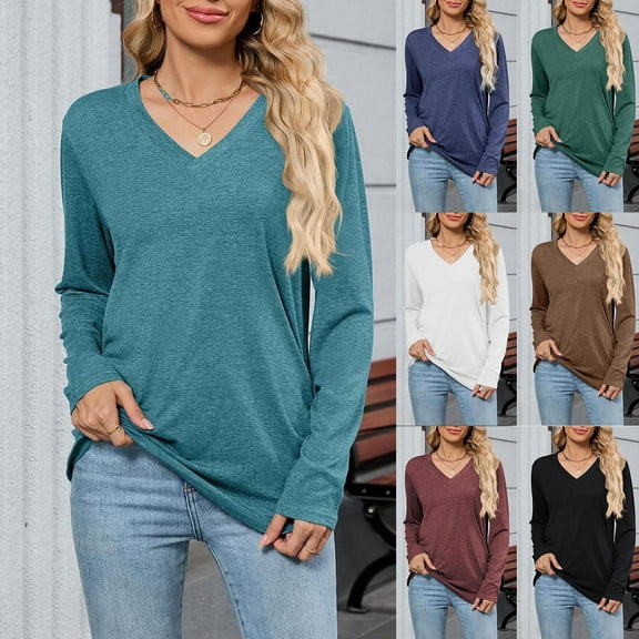 Horkkom Womens Long Sleeve Tops Casual V Neck Solid Color Undershirts Soft Comfy Tunic Tops S, Gifts for Women