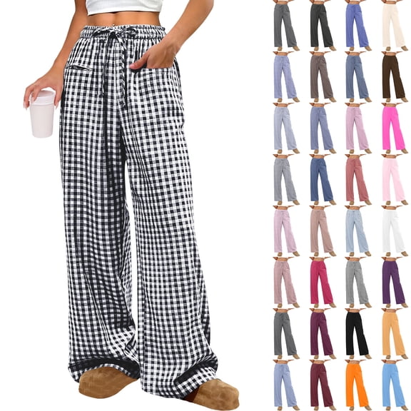 Horkkom Womens Pajama Pants Elastic Waist Plaid Print Comfy Pants Casual Loose Pants with Pockets Drawstring M