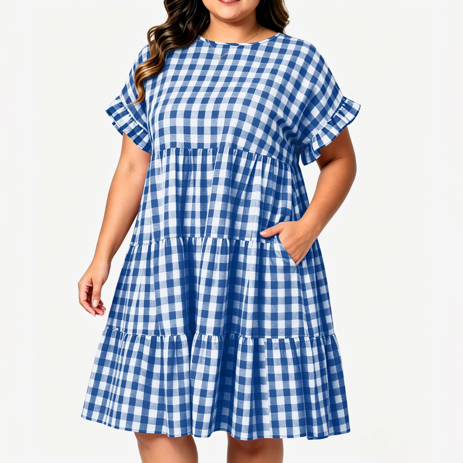 plus size plaid casual shirt dress Horkkom Womens Plus Size Dresses Crew Neck Plaid Print Short Sleeve Midi  Dresses Casual Pleated T Shirt Dress, L-5XL
