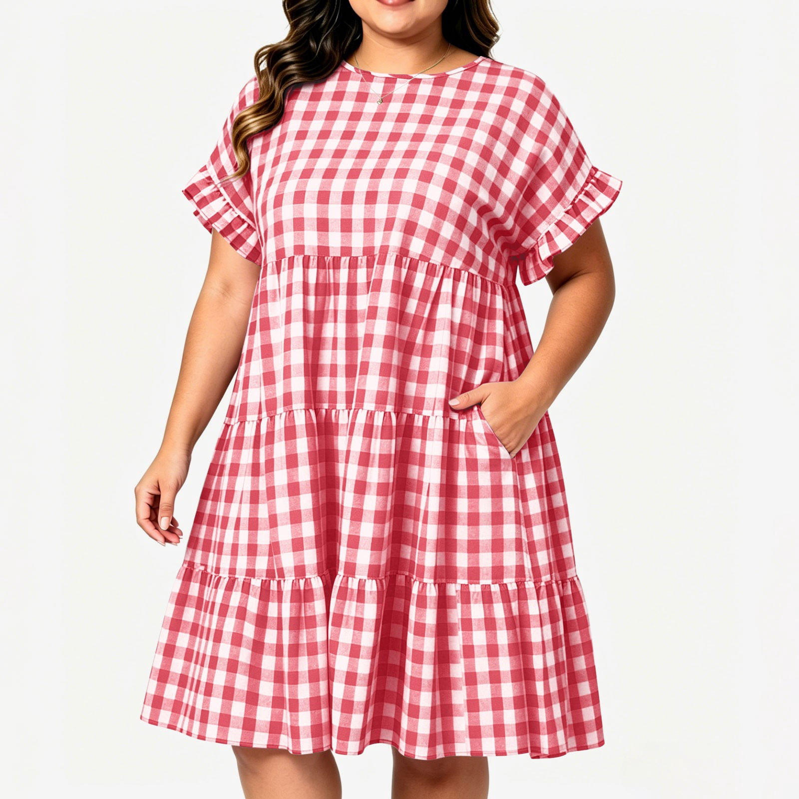 plus size plaid casual shirt dress Horkkom Womens Plus Size Dresses Crew Neck Plaid Print Short Sleeve Midi  Dresses Casual Pleated T Shirt Dress, L-5XL