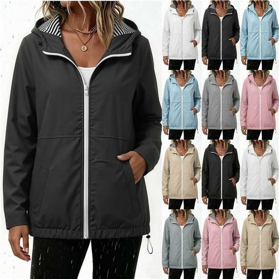 Horkkom Womens Rain Jacket with Hood Drawstring Pockets Zip Up Raincoat Outdoor Hiking Travel Windbreaker Jacket XXL
