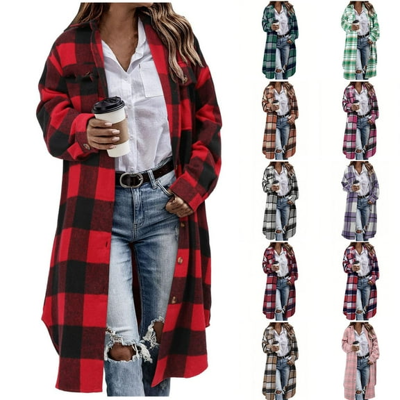 Horkkom Womens Shacket Button Down Plaid Shirts Jacket Fall Winter Casual Long Flannel Shirt with Pocket XL