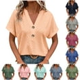 thumbnail image 1 of Horkkom Womens Short Sleeve Tops Summer Button V Neck Blouses Solid Color Loose Casual Tops, Gifts for Women M, 1 of 8