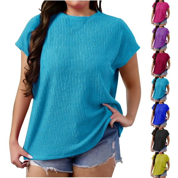 Horkkom Womens Summer Tops Plus Size Crew Neck Solid Color Short Sleeve Shirts Casual Loose Tunic Tops XXL