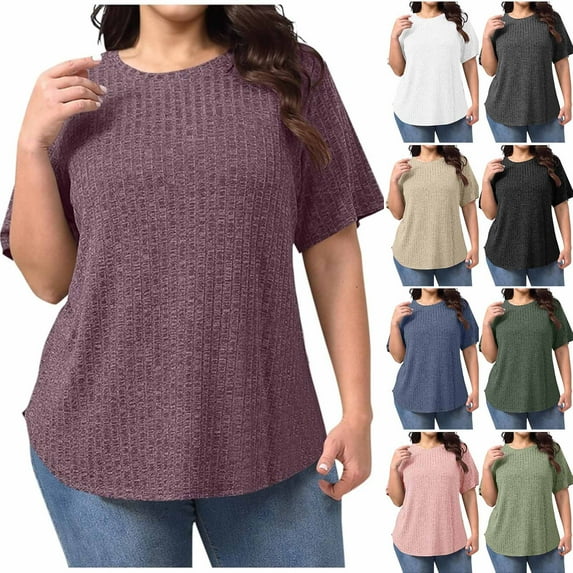 Horkkom Womens Summer Tops Plus Size Crewneck Short Sleeve Sweater Loose Solid Color Casual Shirts XXXXL