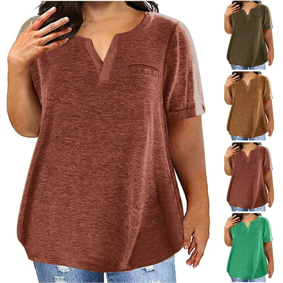 Horkkom Womens Summer Tops Plus Size V Neck Short Sleeve Shirts Casual Loose Solid Color Blouses L