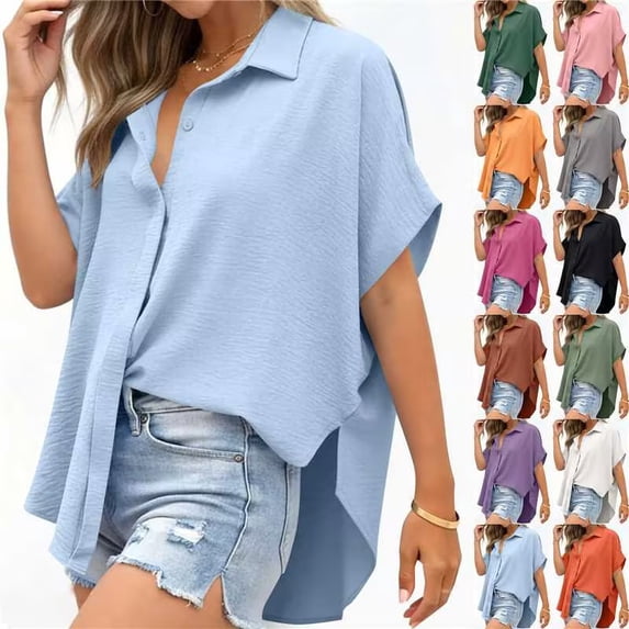 Horkkom Womens Summer Tops Short Sleeve Solid Color Button Down Shirts Collared Loose Casual Tops Slit Side L