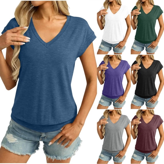 Horkkom Womens Summer Tops Summer V Neck Solid Color Short Sleeve Shirts Casual Soft Comfy T Shirts 2XL, Gifts for Women