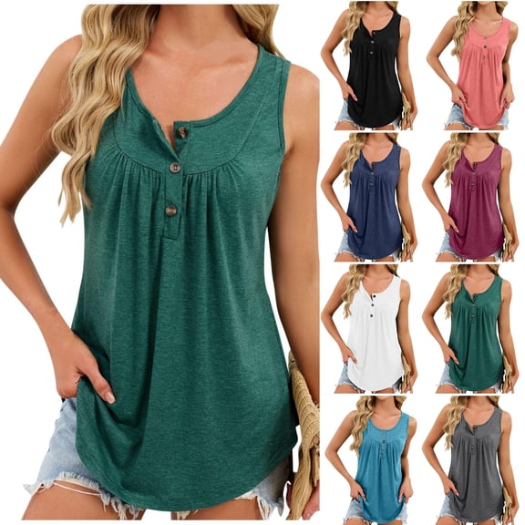 Horkkom Womens Summer Tops V Neck Button Tank Tops Causal Solid Color Sleeveless Tops M