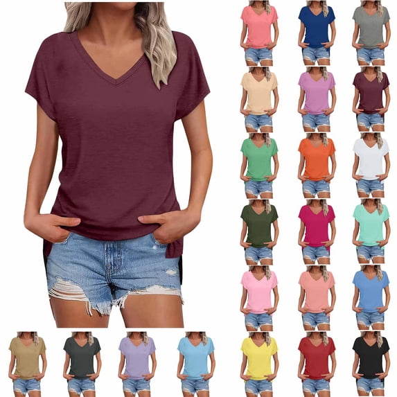 Horkkom Womens Summer Tops V Neck Solid Color Short Sleeve Shirts Summer Casual Loose T Shirts L