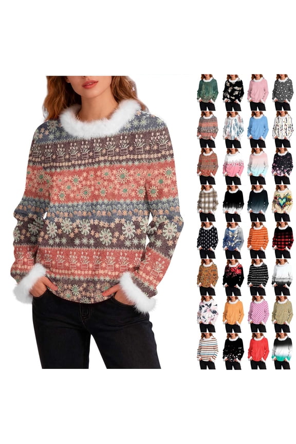 Womens Sweaters Crewneck Plaid Print Pullover Sweaters Casual Long Sleeve Sweaters M