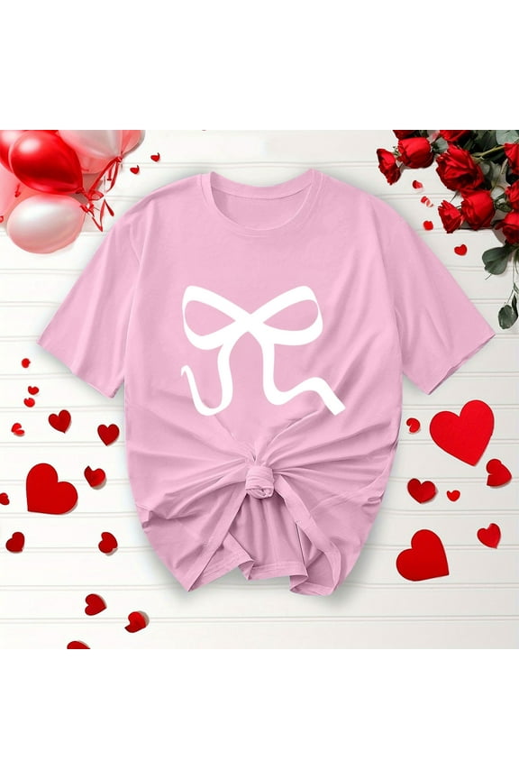 Womens T Shirts Casual Bow Printed Short Sleeve Shirts Summer Spring Crewneck Basic Tees, Gifts for Women