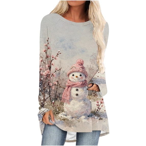 Horkkom Womens Tunic Top Long Sleeve Snowman Graphic Shirts Crew Neck Pullover Christmas Blouses M, Gifts for Women