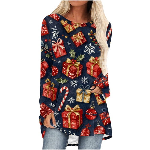 Horkkom Womens Tunic Tops Long Sleeve Holiday Christmas Tops Loose Cute Graphic Blouses XL, Gifts for Women