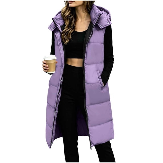 Horkkom Womens Vests Outerwear Winter Zip Up Long Puffer Jacket Warm Fuzzy Hooded Sleeveless Jacket with Pockets L