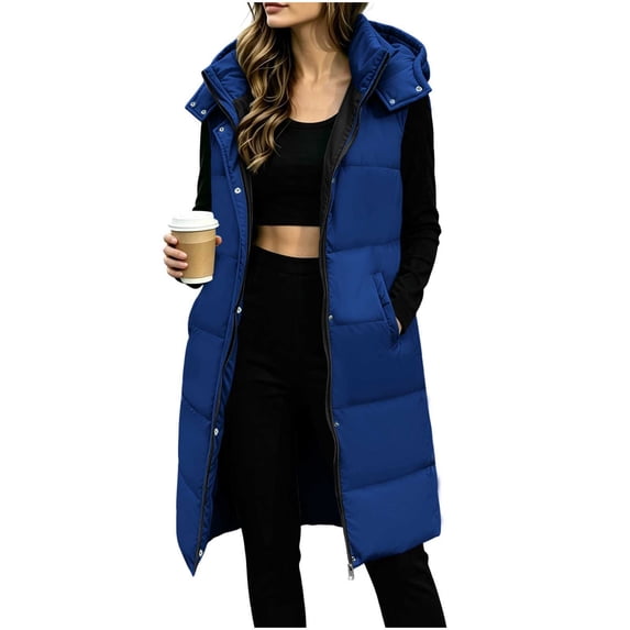 Horkkom Womens Vests Outerwear Winter Zip Up Long Puffer Jacket Warm Fuzzy Hooded Sleeveless Jacket with Pockets S