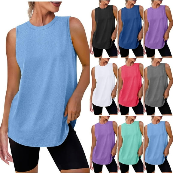 Horkkom Workout Tank Tops Woman Solid Color Crew Neck Sleeveless Tops Summer Gym Yoga Athletic Tank Tops, Gifts for Women S