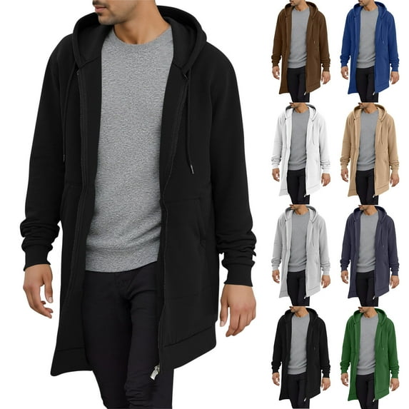 Horkkom Zip Up Hoodie Men Long Sleeve Solid Color Fleece Hoodie Warm Long Coats with Pockets XXXL