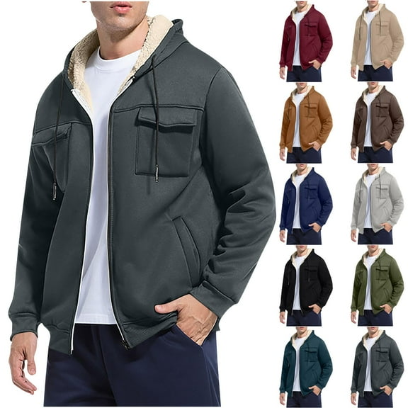 Horkkom Zip Up Hoodie Men Winter Soft Fleece Jacket with Pockets Hood Drawstring Casual Warm Sweatshirts L