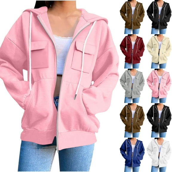 Horkkom Zip Up Hoodie Women Solid Color Sweatshirts with Pockets Drawstring Casual Loose Fall Outfits L