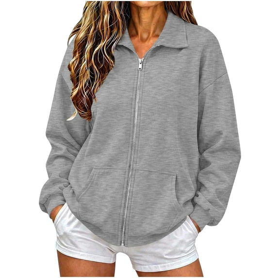 Horkkom Zip Up Sweatshirts for Women Solid Color Lightweight Sweatshirts Casual Basic Jackets with Pockets S