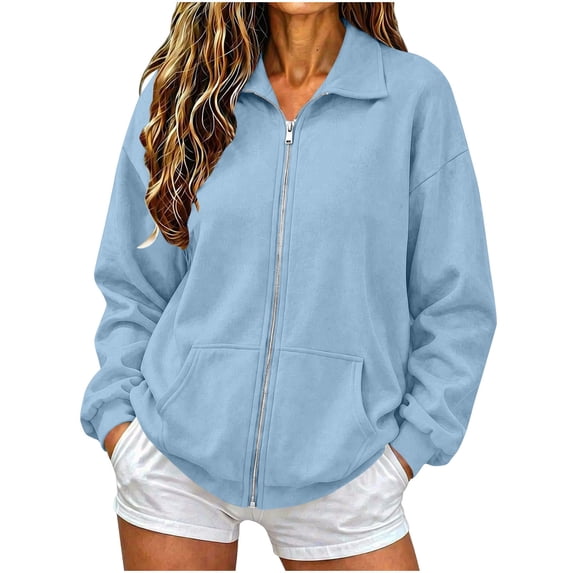 Horkkom Zip Up Sweatshirts for Women Solid Color Lightweight Sweatshirts Casual Basic Jackets with Pockets XXL