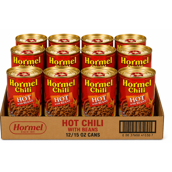 Hormel Hot Chili With Beans, Spicy Ready to Eat Beef Chili, Protein Packed Canned Meal, 15 oz Cans, Pack of 12