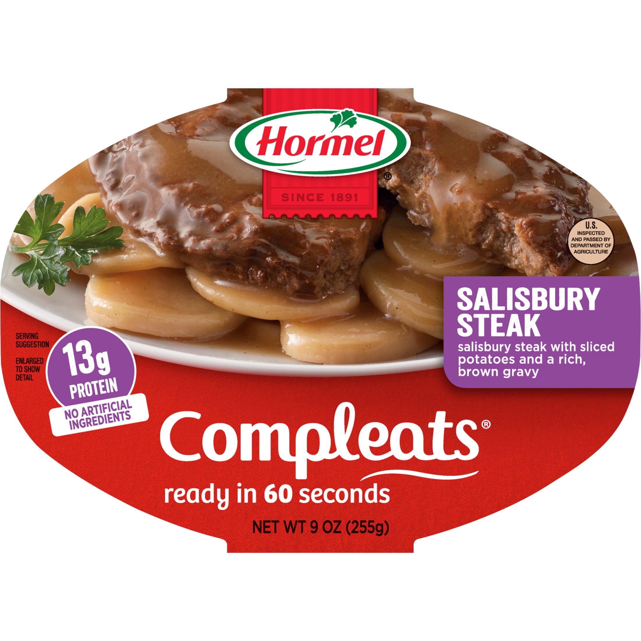 HORMEL COMPLEATS Salisbury Steak with Sliced Potatoes, Shelf-Stable, 13 grams Protein, 9 oz Plastic Microwaveable Tray