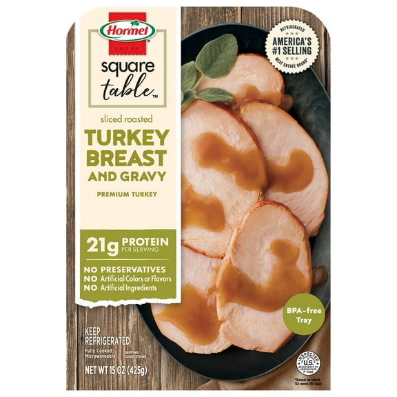 Hormel Square Table Sliced Roasted Turkey Breast and Gravy, Refrigerated Entre, 15 oz Tray