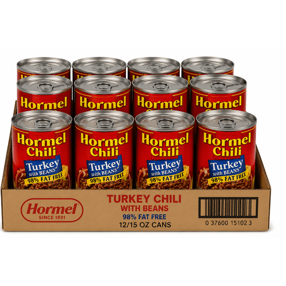 Hormel Turkey Chili With Beans, 98% Fat Free Ready to Eat Turkey Chili, Protein Packed Canned Meal, 15 oz Cans, Pack of 12
