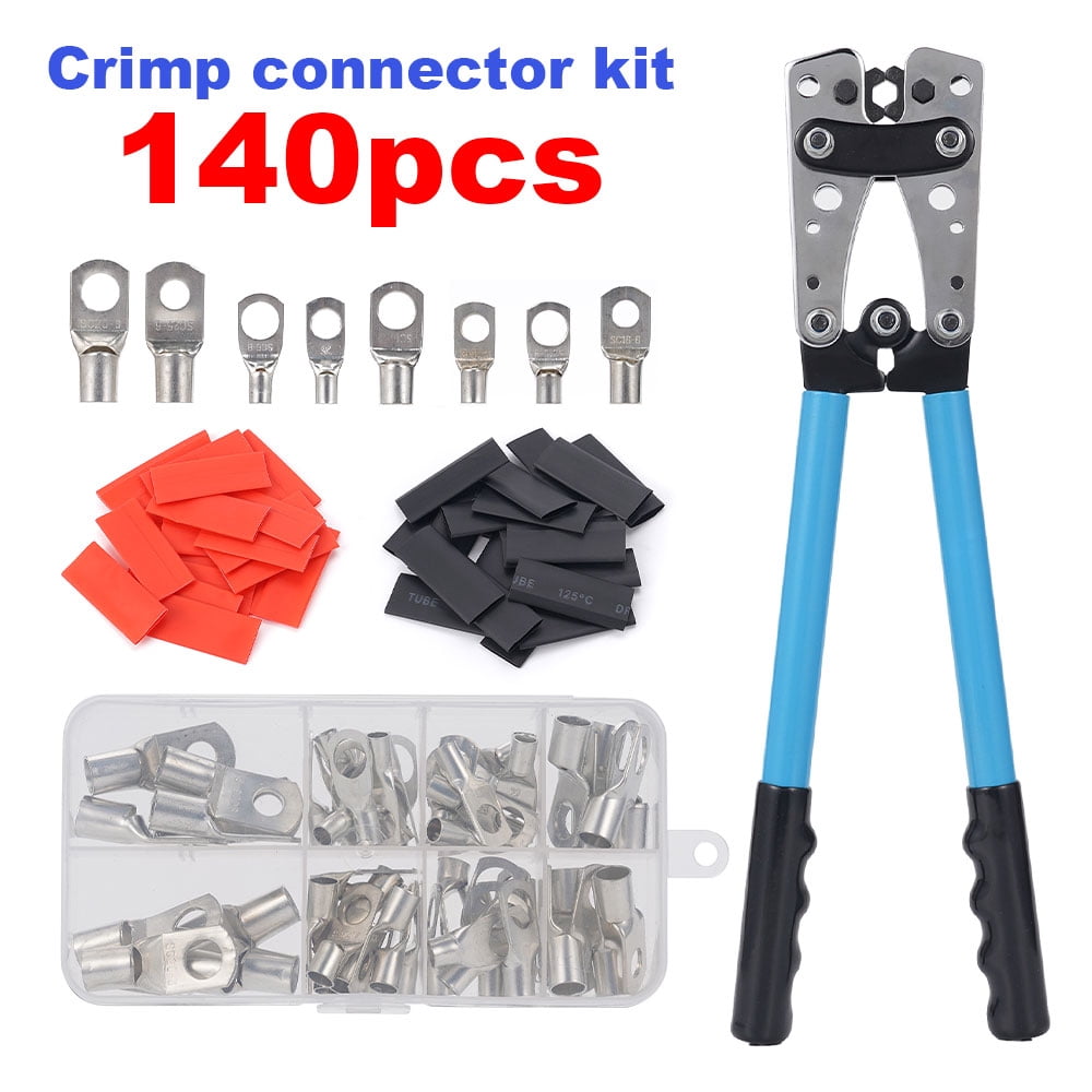Hormy Battery Cable Lug Crimping Tool, 10-1/0AWG Crimping Tool with 60PCS Copper Ring Terminals 80 PCS Heat Shrink Tubing for Heavy Duty Wire Lugs