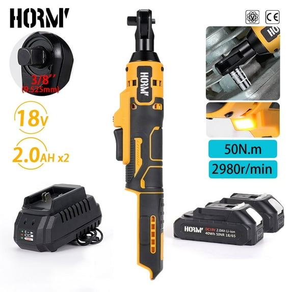 Hormy Cordless Electric Ratchet Wrench Set, 3/8" Power Ratchet Driver with 2 X 2.0Ah Battery and Charger, 18V 37FT-LBS (50N.m) Yellow