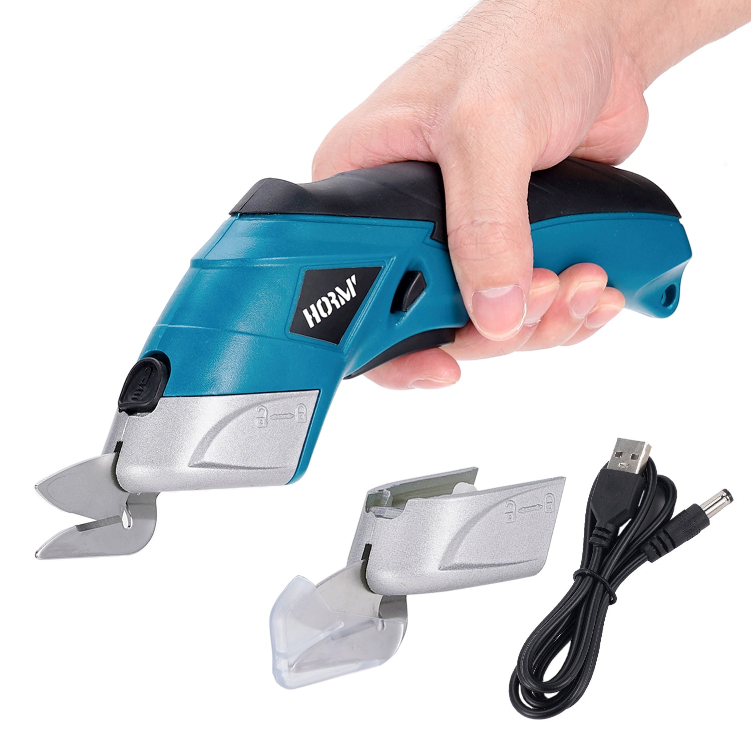 HORMY Cordless Electric Scissors with Two Blades, 3.6V Super Scissors Rechargeable with Safety Lock, for Cardboard Cutting Fabric Paper Sewing, Blue