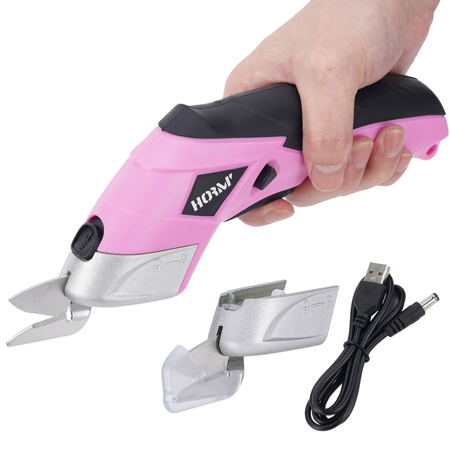HORMY Cordless Electric Scissors with Two Blades, 3.6V Super Scissors Rechargeable with USB Charge Cable, for Cardboard Cutting Fabric Paper, Pink
