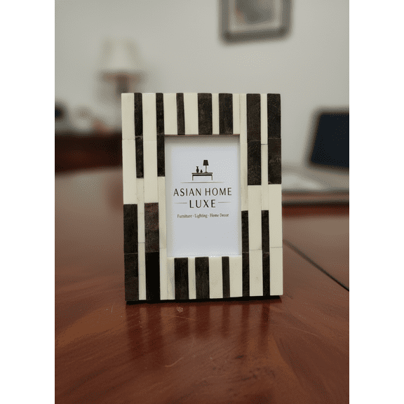 Horn Bone Inlay Photo Frame | Black Ivory Striped Modern Home Decor (6x4 in.)