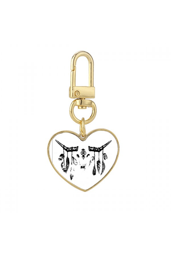 Horn Hanging Feather Pattern Gold Heart Keychain Metal Keyring Holder