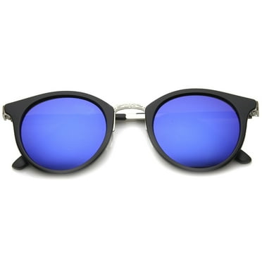Horn Rimmed Sunglasses UV400 Mirrored Lens P3 Frame Vintage Round Unisex 42mm