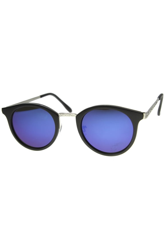 Horn Rimmed Sunglasses UV400 Mirrored Lens Vintage Round Frame Model 9897