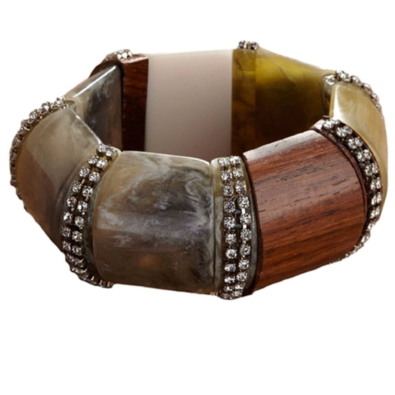 Horn and Wood Stretch Bracelet with Rhinestones
