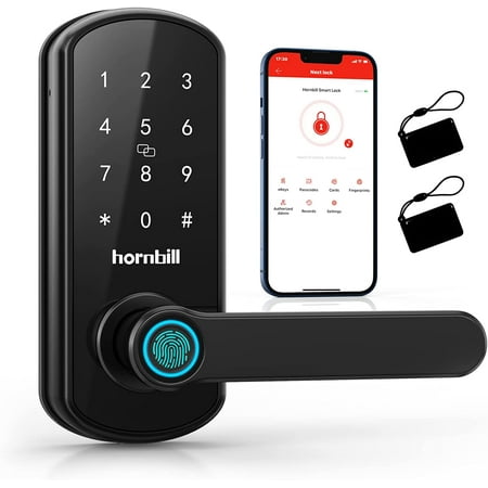 Hornbill Smart Door Lock, Fingerprint Door Lock with Handle, Keyless Entry Keypad Door Lock, Electronic Digital Front Door Lock App Control, Auto Lock, Keys IC Cards and Passcodes for Bedroom Home