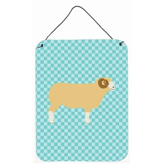 Horned Dorset Sheep Blue Check Wall or Door Hanging Prints - Blue Check - 12 x 16 in.