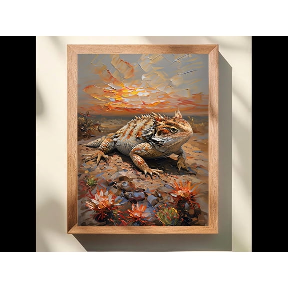Horned Lizard Wall Art, Texas Desert Wildlife, Impasto Horny Toad Print, Southwestern Home Decor, Herpetology Reptile Gift #634, Unframed Canvas Size 12x18