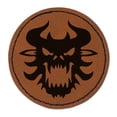 thumbnail image 1 of Horned Monster Demon Head 2.5" Faux Leather Round Engraved Iron-On Patch - Brown, 1 of 6