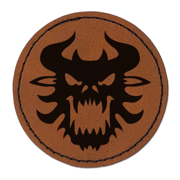 Horned Monster Demon Head 2.5" Faux Leather Round Engraved Iron-On Patch - Brown