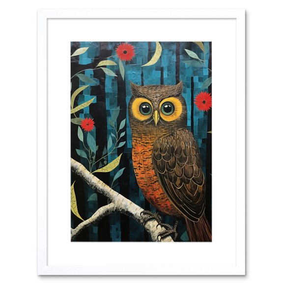 Horned Owl on Blue Artwork Autumn Tones Detailed Oil Painting Hoot Artwork Framed Wall Art Print 9X7 Inch