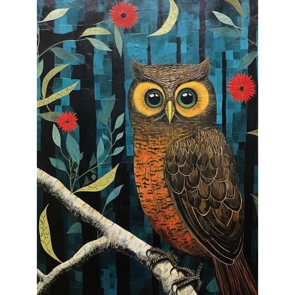 Horned Owl on Blue Artwork Autumn Tones Detailed Oil Painting Hoot Large Wall Art Poster Print Thick Paper 18X24 Inch