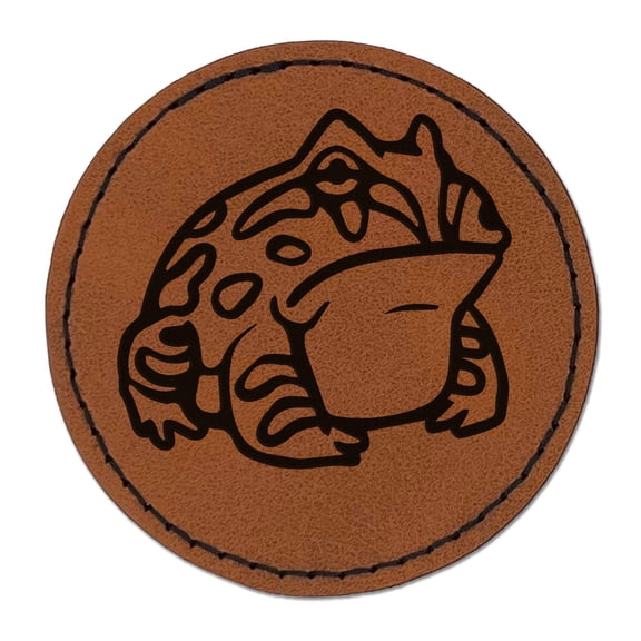 Horned Pacman Frog Amphibian 2.5" Faux Leather Round Engraved Iron-On Patch - Brown