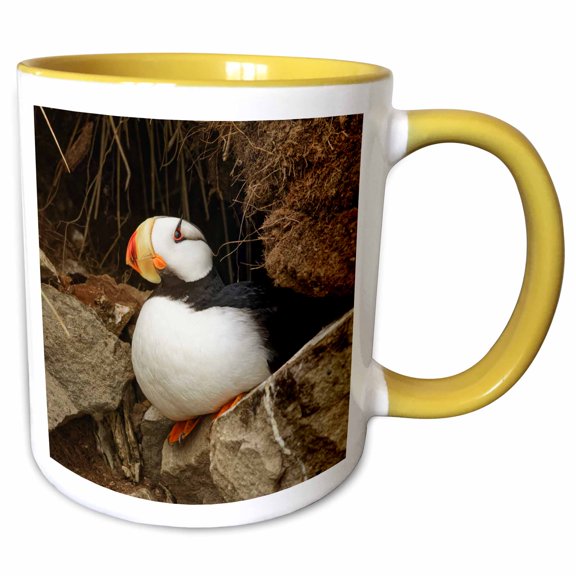 3drose, Horned Puffin, Lake Clark National Park, Alaska., 11oz Two-tone Yellow Mug